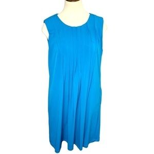 CALVIN Klein Blue Jersey Knit Midi Dress Pintuck Pleats Pockets Sz S/M